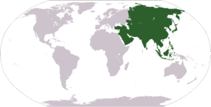 Mapa-múndi com a localização da Ásia em destaque.