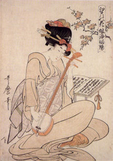 Gueixa tocando shamisen, ukiyo-e pintura feita pelo artista Kitagawa Utamaro, 1800.