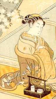 Uma oiran se preparando para seu cliente, ukiyo-e desenho de Suzuki Haronubu (1765).