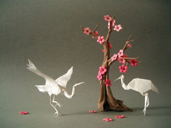 origamis de cisnes e árvore de cerejeira.